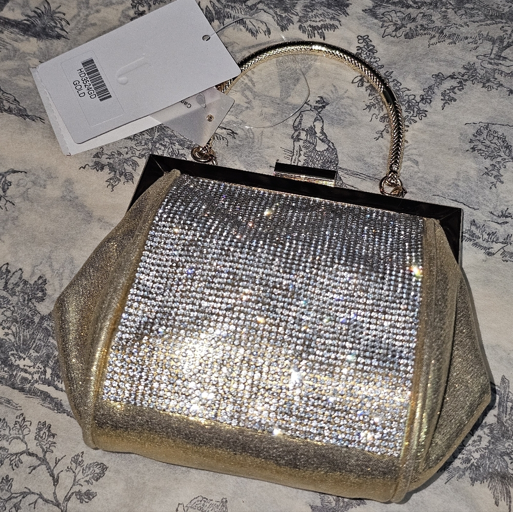 NWT Gold Rhinestone Evening Clutch Black Frame Chain Strap Sparkly Prom Wedding - Picture 3 of 12